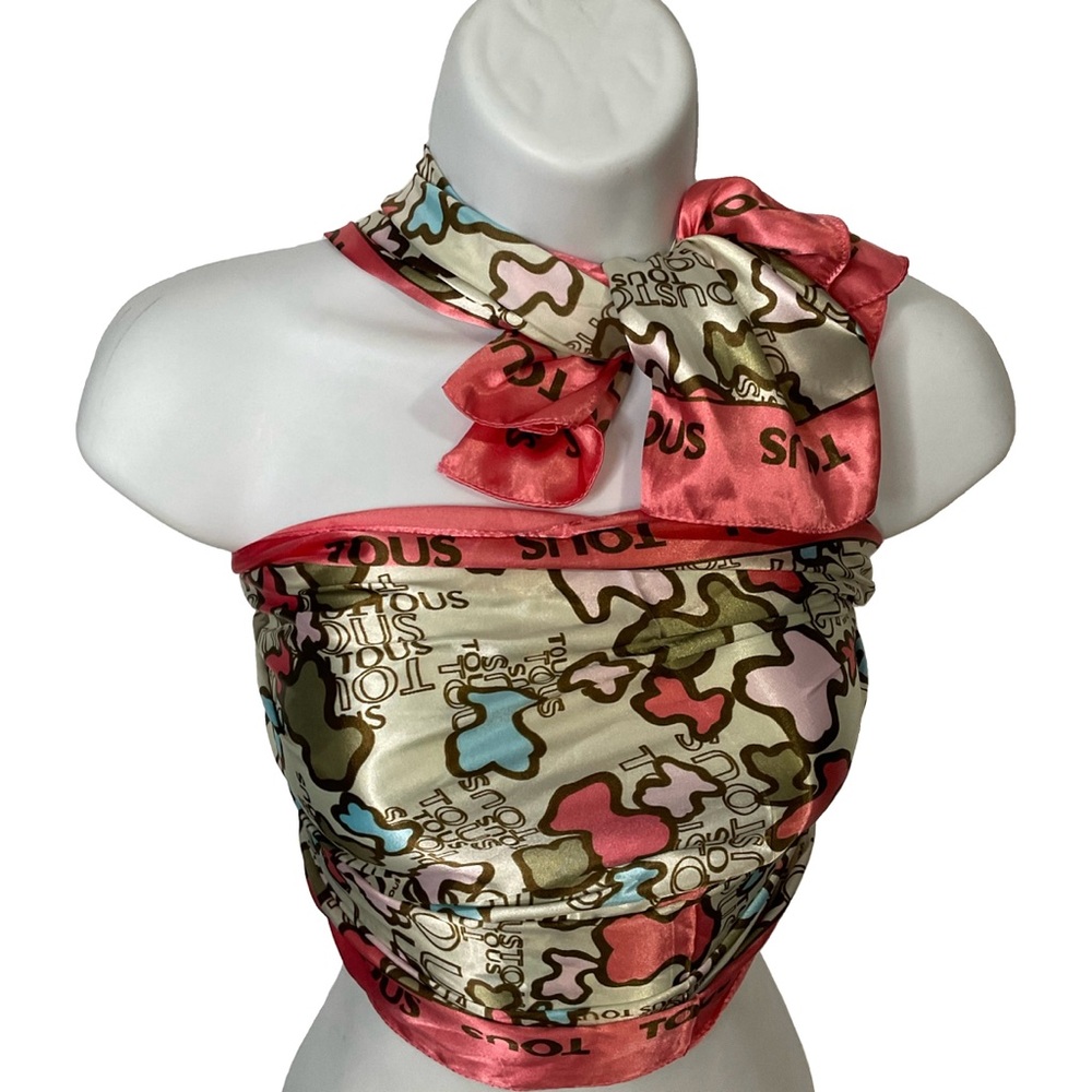 TOUS multicolor satin teddy bear print scarf styled creatively
